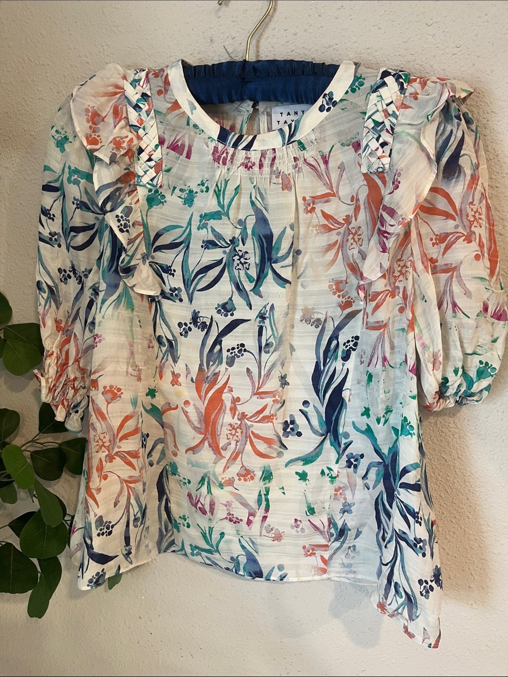 Tanya Taylor White Floral Ruffle Puff-Sleeve Top